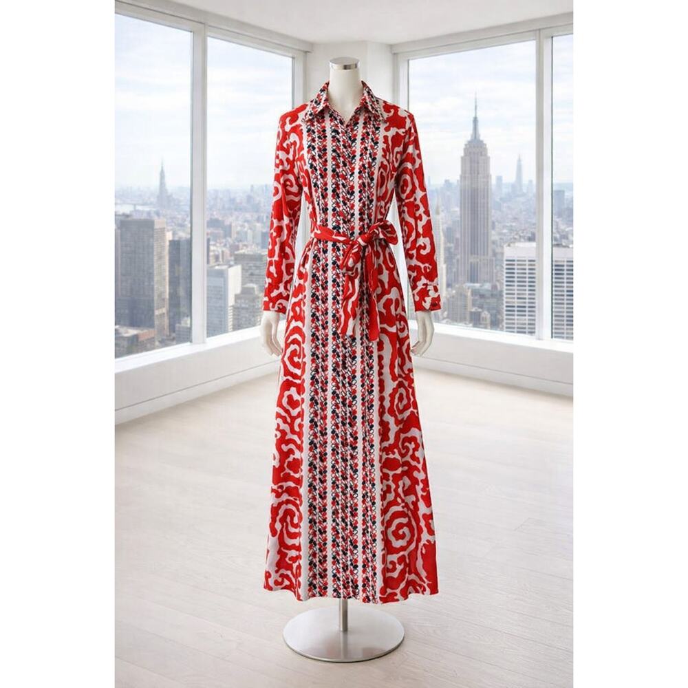 Vintage 60s Lanvin Paris New York Shirt Dress 16 Red Geometric Tie Waist MOD - Picture 3 of 16